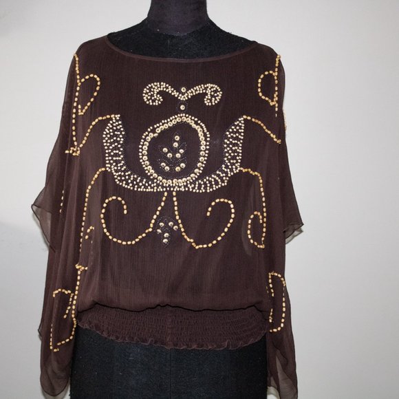 Brown Silk Blouse Boho Top L Beaded Front - Picture 1 of 5